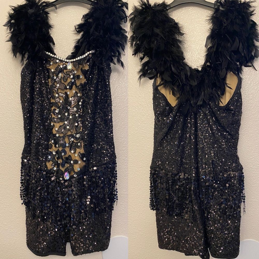 Glamour solo custom dancecostume black feather sequin rhinestone LA-Large adult